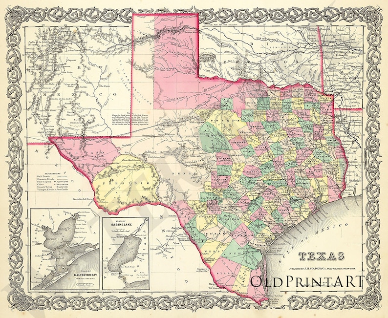 May include: A vintage map of Texas from 1856, showing the state's counties and major cities. The map is printed in shades of pink, green, and yellow, with a detailed border and a title that reads "Texas".