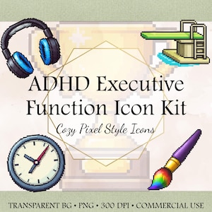 May include: ADHD Executive Function Icon Kit with cozy pixel style icons. The image features a pixelated design with a clock, headphones, a diving board, and a paintbrush with a rainbow-colored tip. The background is a light green color.