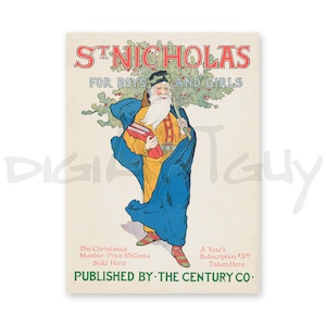 St. Nicholas Magazine for Boys and Girls Vintage Ad | Santa Claus with Holly & Books | 1896 Antique Christmas Art | Printable Download