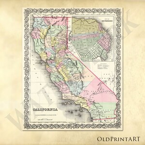 Old vintage map of California from 1857 with San Francisco insert - Vintage U.S. Atlas Map - Printable Download