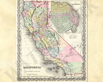 Vintage California Map 1857 – San Francisco Insert, U.S. Atlas (Printable Download)