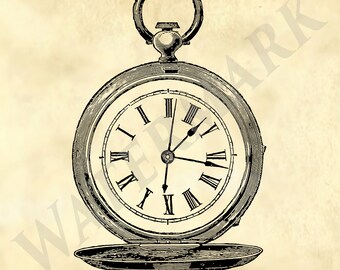 May include: Black and white illustration of a pocket watch with Roman numerals on the clock face. The watch is open, revealing the time. The image has a vintage aesthetic and the text "OLDPRINTART" is visible.