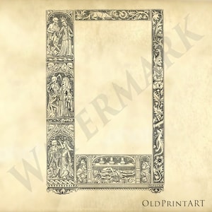 May include: Black and white illustration of a medieval-style border with scenes of death and skeletons. The border is made up of a series of panels, each depicting a different scene. The panels are separated by ornate floral designs. The border is surrounded by a plain background.