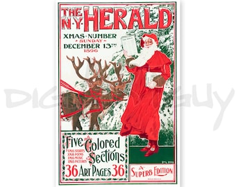 May include: A vintage Christmas advertisement for The N.Y. Herald, featuring a red-suited Santa Claus holding a newspaper and walking with two reindeer. The text reads "Xmas Number Sunday December 13th 1896" and "Five Colored Sections 36 Art Pages 36 A Superb Edition".