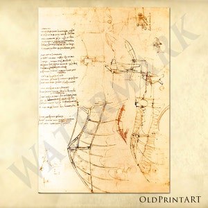 May include: A sepia-toned print displaying sketches and handwritten text in brown ink on aged paper. The image presents detailed drawings of mechanical devices, possibly early aviation concepts, with intricate line work and annotations.