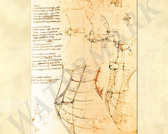 Leonardo da Vinci boceto dibujo por su diseño de un planeador / máquina voladora - ala - boceto - códice - repro antiguo descarga digital