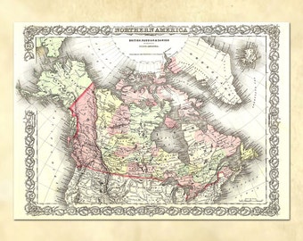 May include: An antique map of North America, showing the British, Russian, and Danish territories. The map is printed in black, red, green, yellow, and blue ink on a white background. The map is surrounded by a decorative border.