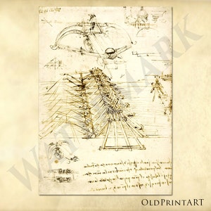 Leonardo da Vinci sketch drawing of a military wooden bridge and the great crossbow from Atlantic Codex - antique repro digital download