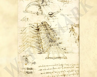 Leonardo da Vinci boceto dibujo de un puente militar de madera y la gran ballesta del Códice Atlántico - descarga digital de repro antiguo
