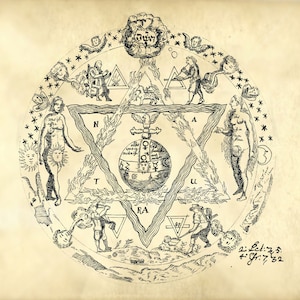 May include: A black and white illustration of a circle with a triangle inside. The triangle has a circle in the center with symbols and text. The circle is surrounded by four figures, each holding a symbol. The text around the circle reads "N.T.R.A.U."