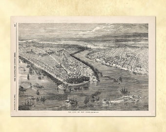 May include: A black and white engraving of the city of New York from 1867. The image shows the city from a bird's eye view, with the East River and the Brooklyn Bridge in the foreground. The text "THE ILLUSTRATED LONDON NEWS" is visible on the left side of the image.
