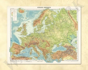 May include: A vintage map of Europe showing the physical geography of the continent. The map is printed in shades of green, blue, and brown, with rivers and mountain ranges highlighted. The title "EUROPE PHYSIQUE" is printed at the top of the map.
