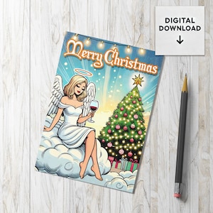 Carte de Noël drôle d'ange - téléchargement numérique | Formats 5 x 7 et A6 pliable | Carte de voeux de Noël imprimable DIY avec un ange buveur de vin