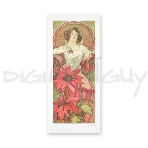 Könnte beinhalten: Ein Vintage-Kunstdruck im Jugendstil mit einer Frau in einem weißen Kleid mit roten Blumen. Die Frau sitzt auf einem Stuhl vor einem roten und grünen Hintergrund. Der Druck ist mit "Le Printemps" von Alphonse Mucha betitelt.