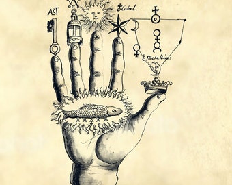 Magical hand with old symbols from ancient alchemy book