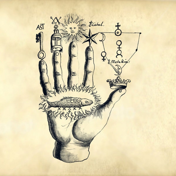Magical hand with old symbols from ancient alchemy book