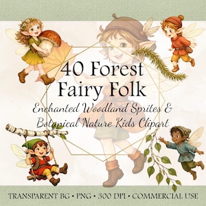 Paquete PNG de hadas del bosque - 40 imágenes prediseñadas de duendes del bosque, naturaleza botánica para niños para sublimación y álbumes de recortes, uso comercial