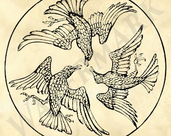 May include: A black and white line drawing of three birds in a circle. The birds are facing each other and their wings are spread out. The drawing is on a vintage background.