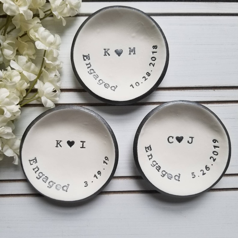 Engaged Ring Dish Engagement Gift For Her Bride To Be Gift Clay Jewelry Holder Personalized Jewelry Dish Custom Date Trinket Dish