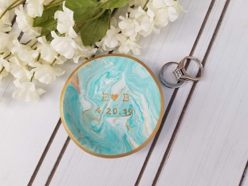 Engagement Gift Teal /& Gold Marble Jewelry Dish Personalized Gift Engagement Ring Holder Valentine/'s Day Custom Date Initials Ring Dish