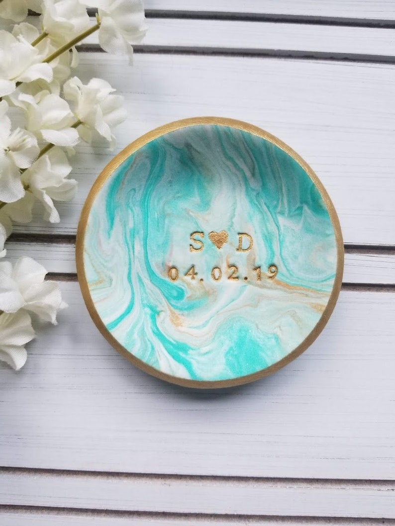Engagement Gift Teal /& Gold Marble Jewelry Dish Personalized Gift Engagement Ring Holder Valentine/'s Day Custom Date Initials Ring Dish