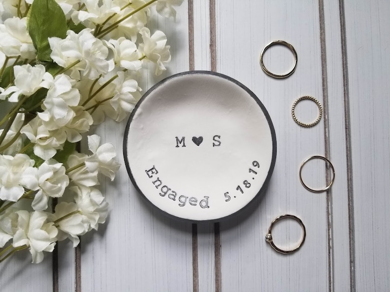 Engaged Ring Dish Engagement Gift For Her Bride To Be Gift Clay Jewelry Holder Personalized Jewelry Dish Custom Date Trinket Dish