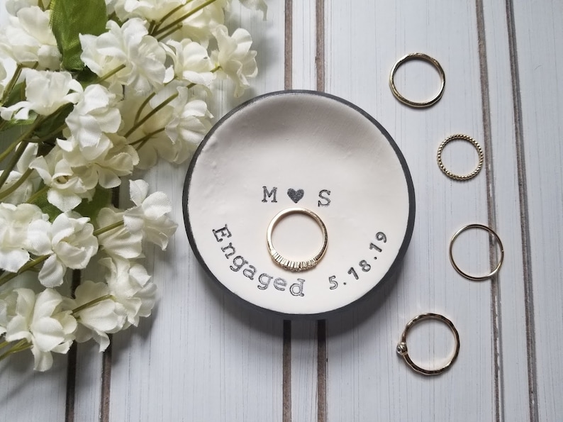 Engaged Ring Dish Engagement Gift For Her Bride To Be Gift Clay Jewelry Holder Personalized Jewelry Dish Custom Date Trinket Dish