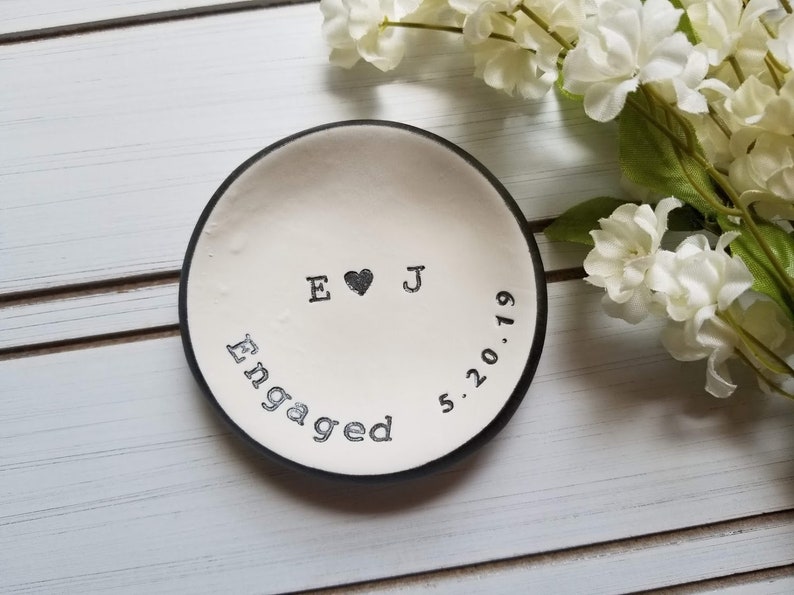 Engaged Ring Dish Engagement Gift For Her Bride To Be Gift Clay Jewelry Holder Personalized Jewelry Dish Custom Date Trinket Dish
