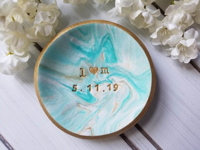 Engagement Gift Teal /& Gold Marble Jewelry Dish Personalized Gift Engagement Ring Holder Valentine/'s Day Custom Date Initials Ring Dish