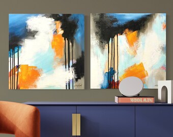 SALE, Original Abstract Painting, Set of 2 Modern Canvas Art, Contemporary Painting, 24"x48" Ready to Hang