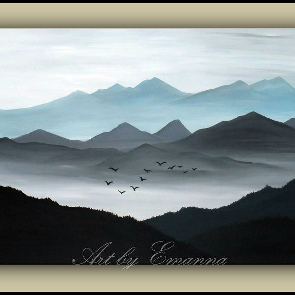 Original Mountain Painting, Contemporary Art, Modern Painting, Black, White and Blue Acrylic Painting, 24"x48"