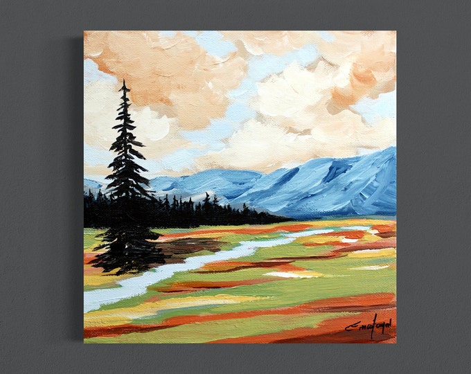 Original Landscape Painting, Contemporary Art, Mountain Painting, Acrylic on 10"x10" Canvas, Abstract Paining,  Ready to Hang
