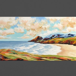 Original Seascape Painting, Contemporary Art, Mountain Painting, Acrylic on 15x30 Canvas, Ready to Hang image 1