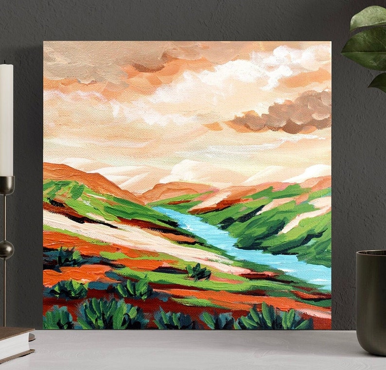 Original Landscape Painting, Contemporary Art, Mountain Painting, Acrylic on 10x10 Canvas, Abstract Paining, Ready to Hang image 3