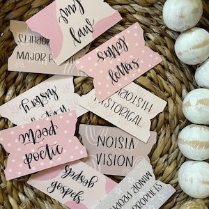May include: Pink and beige paper cards with different Bible study topics written on them. The topics include "minor prophets", "gospels", "poetic", "history", "law", "letters", and "vision".