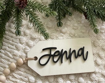 Handlettered Wooden Name Tag with beads, Stocking Tag, Christmas Tag