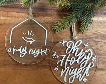 Handlettered Acrylic Silent Night Ornament, Manger Scene