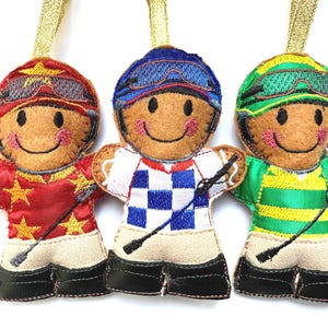 Jockey Christmas ornament, felt gingerbread man, hanging tree decorations.