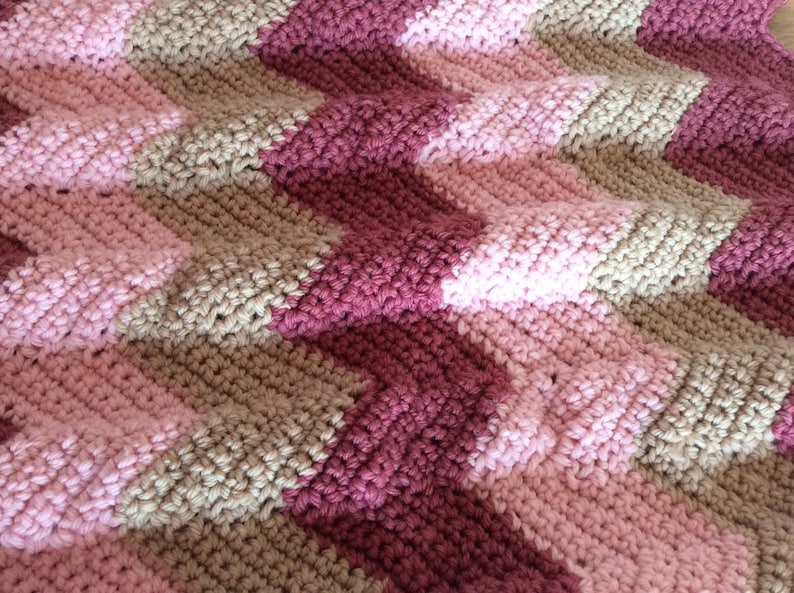 Merino Wool Baby blanket Chunky Raspberry and Cream Pink Chevron Stripe. Crochet blanket