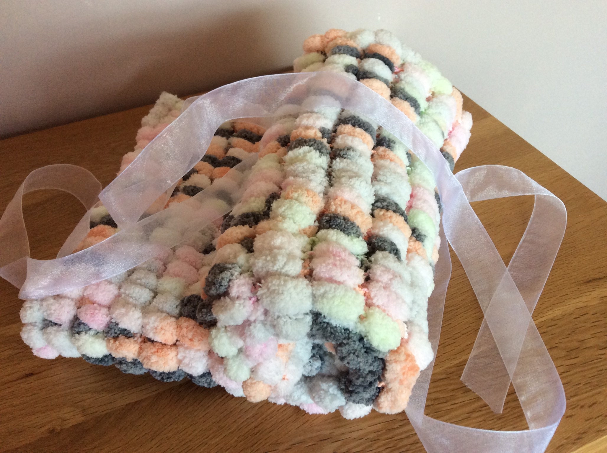 Hand Knitted Pom Pom Pram Topper Baby Blanket Boy Chunky Etsy UK