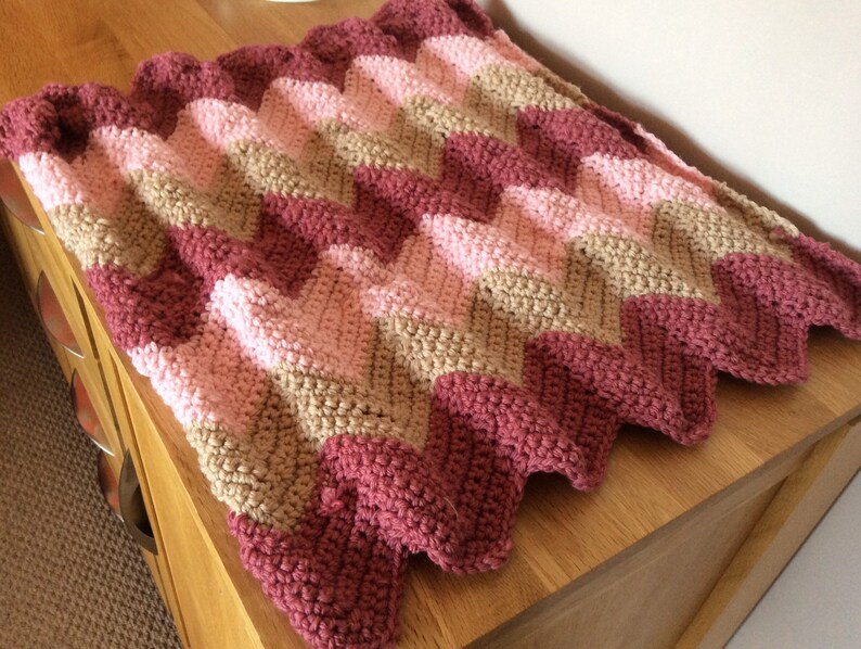 Merino Wool Baby blanket Chunky Raspberry and Cream Pink Chevron Stripe. Crochet blanket