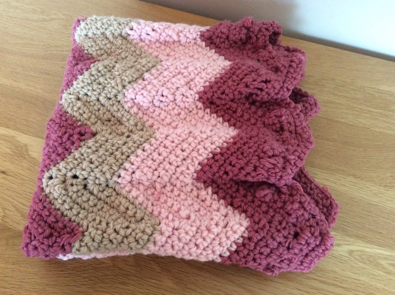 Merino Wool Baby blanket Chunky Raspberry and Cream Pink Chevron Stripe. Crochet blanket