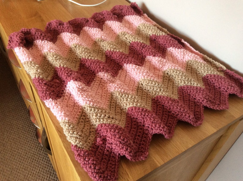 Merino Wool Baby blanket Chunky Raspberry and Cream Pink Chevron Stripe. Crochet blanket
