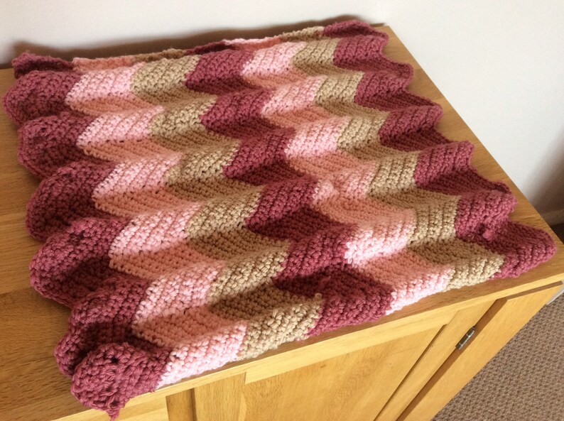 Merino Wool Baby blanket Chunky Raspberry and Cream Pink Chevron Stripe. Crochet blanket
