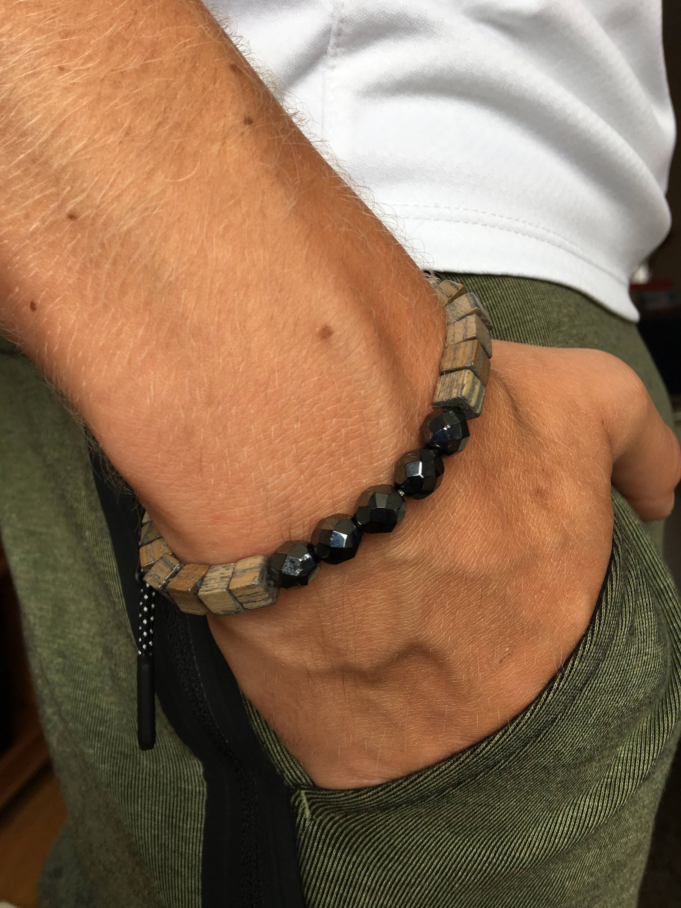 Elastic men's bracelet with beads wood anthracite/grey Etsy