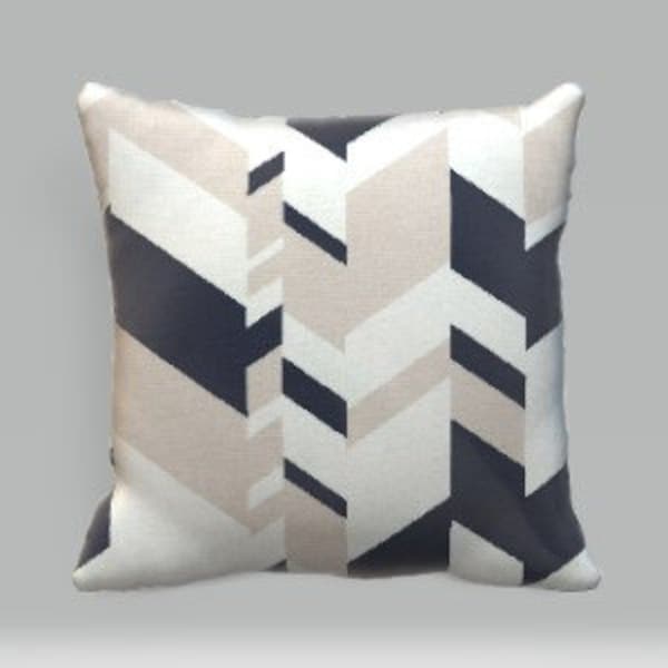 White Cotton Pillow  Cover With Navy and Tan Geometric Design Nate Berkus Navy Blue, Tan, White Ford Pillow Cover, Throw Pillow  Decorative