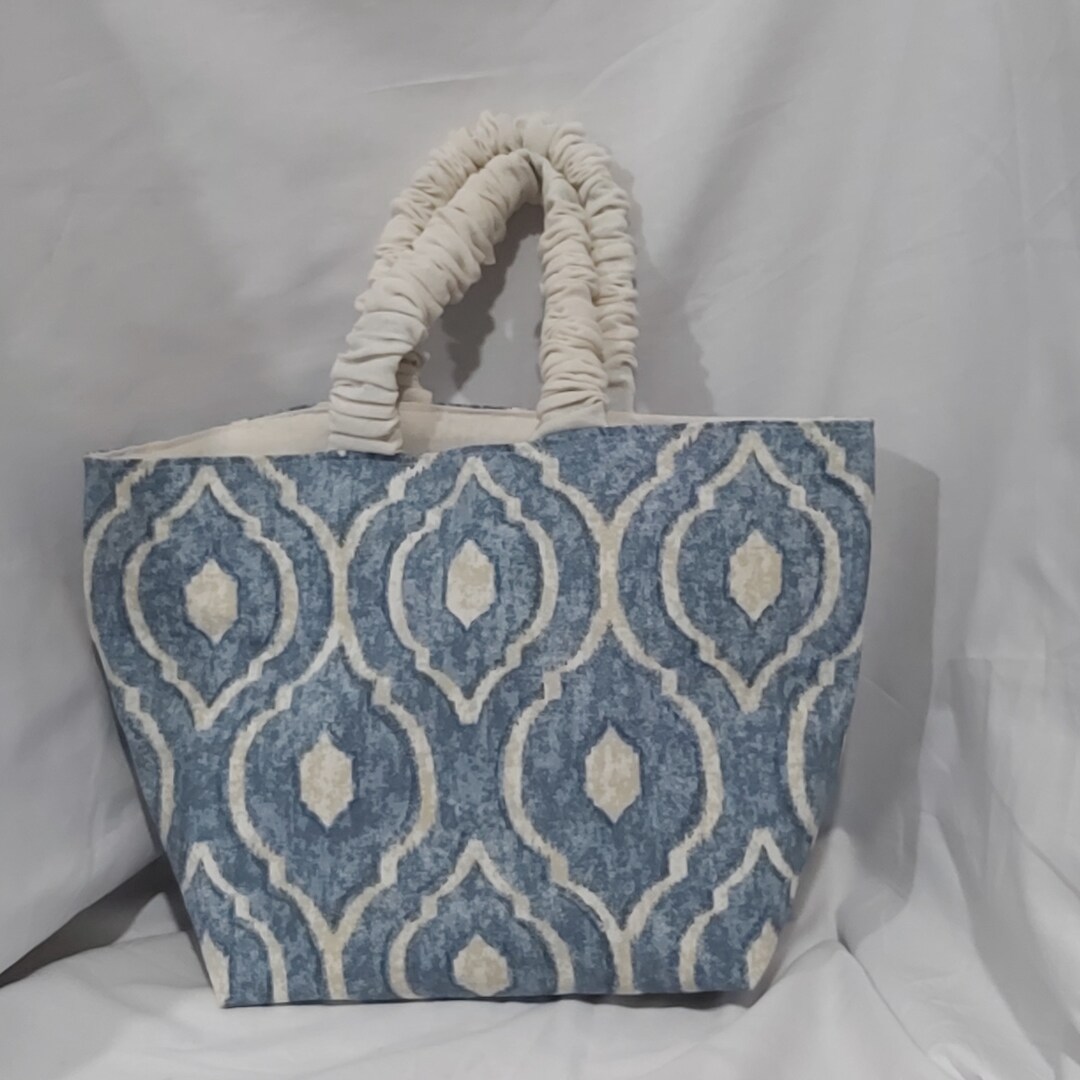 Handbag Blue Pattern Handmade Blue Pattern Tote Bag With Scrunchie Handles - Etsy