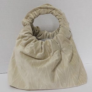 Handmade Cream Fabric Bag Drawstring Bag Evening Bag Date Bag Ring Handle Hoop Handle