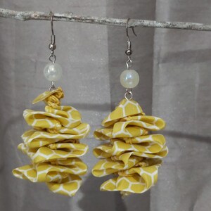 Yellow Polka Dot One-of-a-kind Recycled Fabric and Bead Earring Lightweight Dangling Drop