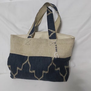 Handmade Blue Beige Tote Bag: Burlap & Cotton Beach Bag